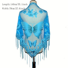 Lace Butterfly Print Shawl Long Fringed Triangle Towel for Women