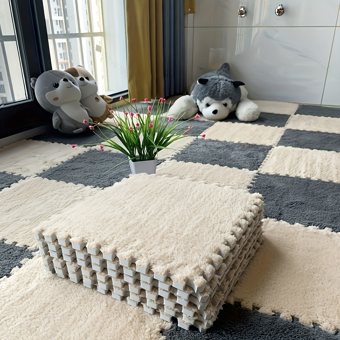 12pcs Plush Puzzle Foam Floor Mat Interlocking Soft Climbing Carpet