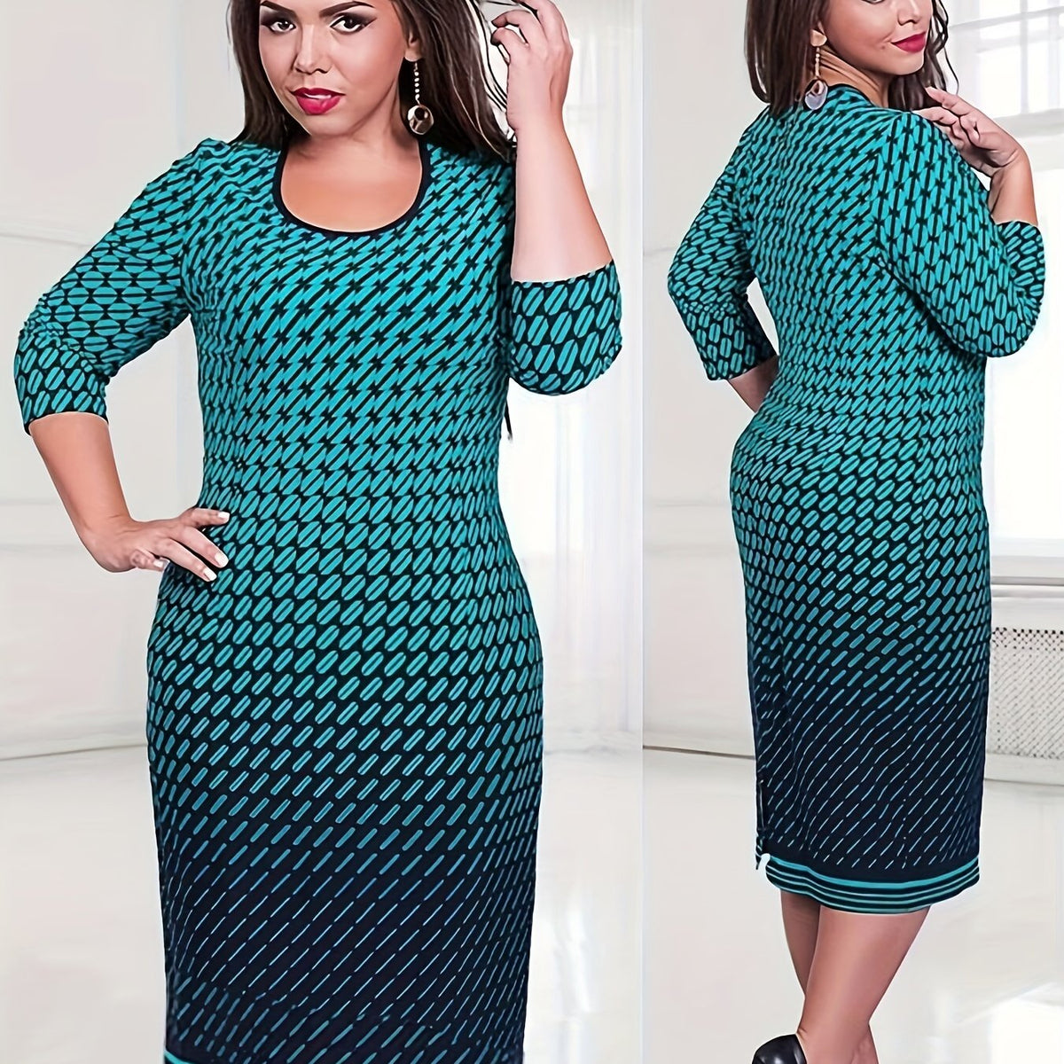 Geometric Print Half Sleeve Slim Fit Dress
