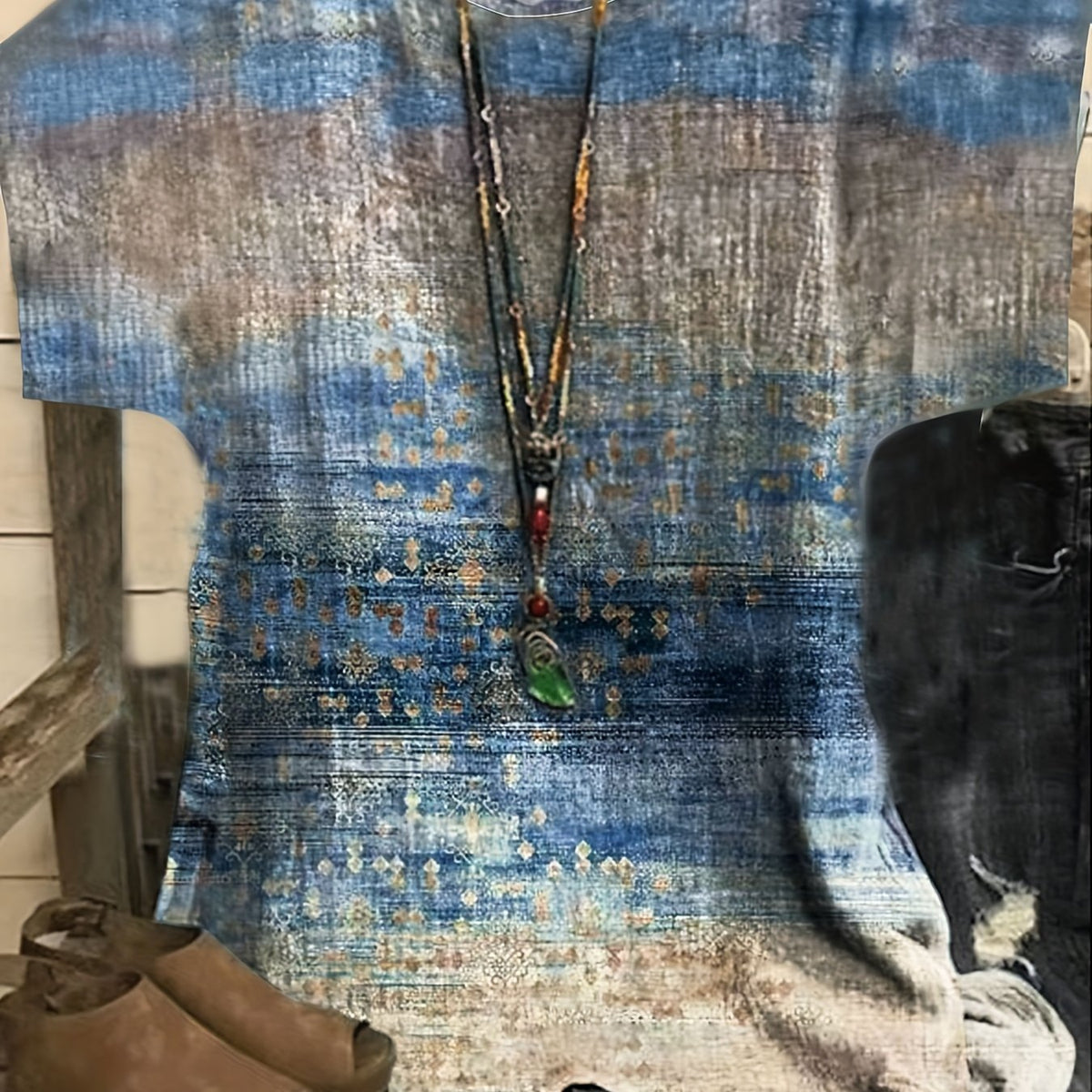  Women's Tie Dye & Geo Print Short Sleeve Blouse