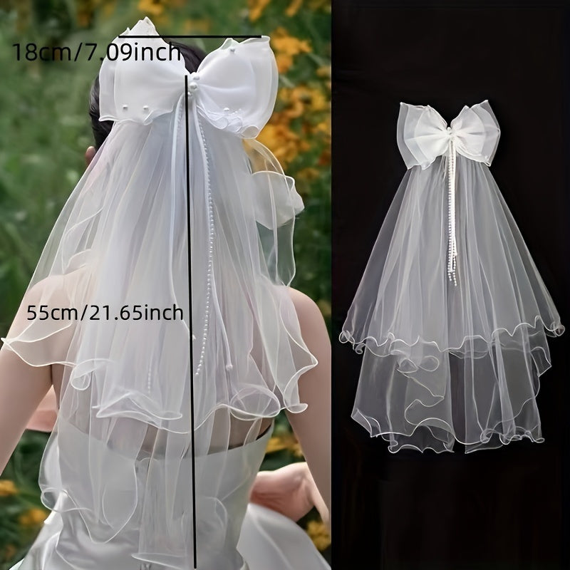 Delicate Lace Bridal Veil with Double Bow & Bead Accents