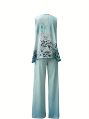 Floral Print Tank Top & Ombre Wide Leg Pants Set