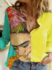  Colorblock Cartoon Print Button-Up Casual Blouse