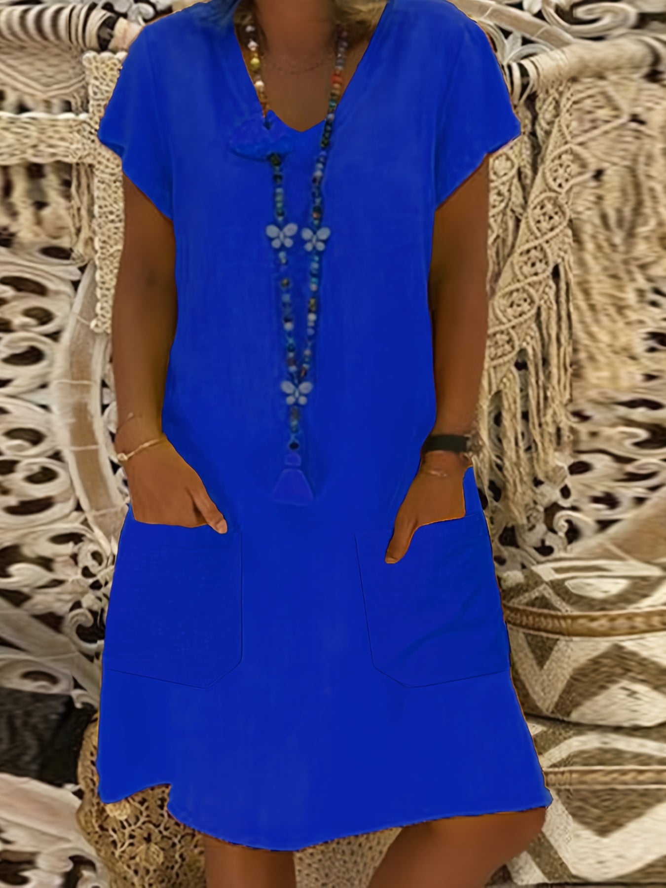  Casual Dress Women's Plus V Neck Short Sleeve Dress With Pockets
