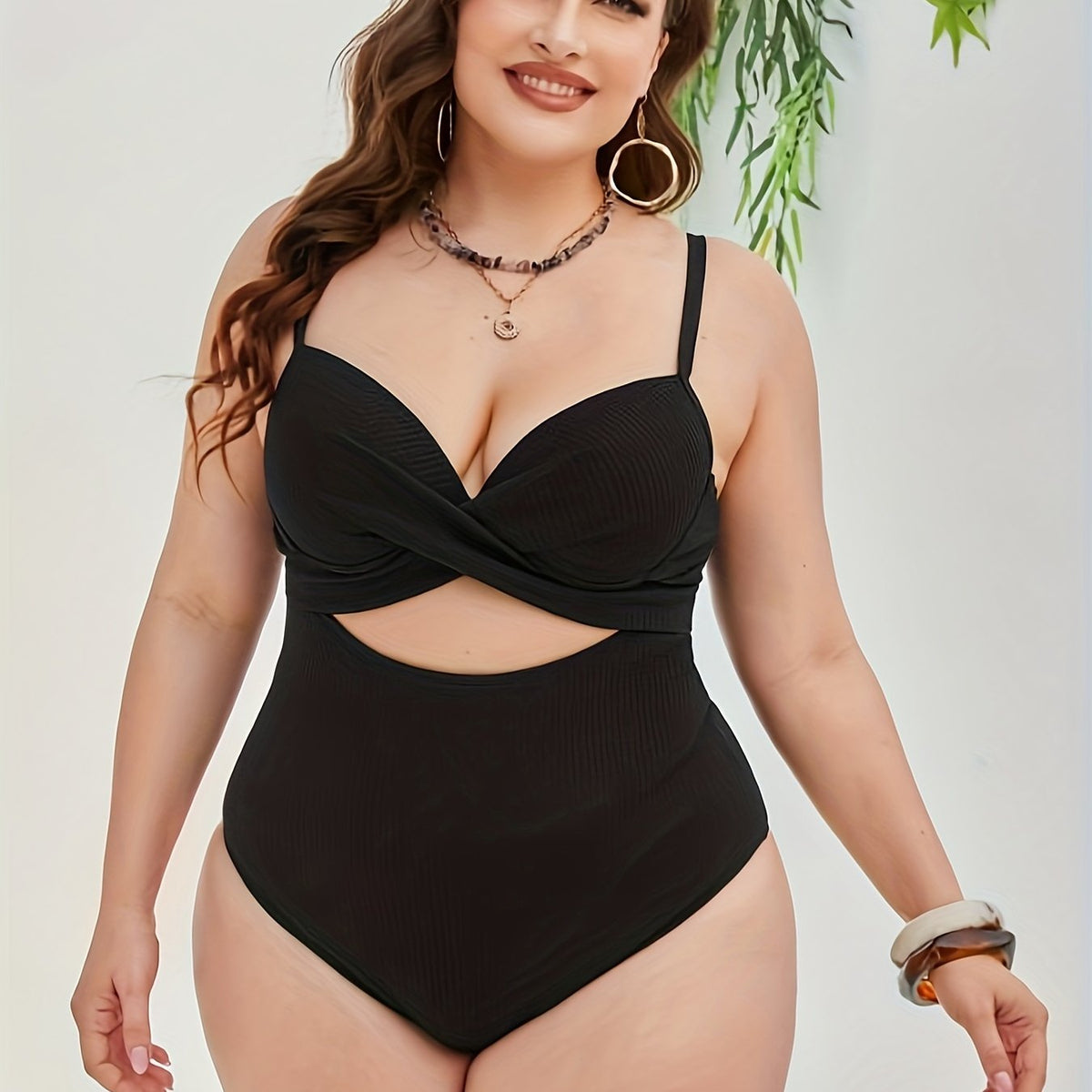 Sexy Swimsuit Women's Solid Cut Out Twist Front One Piece
