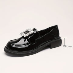 Rhinestone Chunky Heel Loafers Preppy Style Faux Leather Shoes