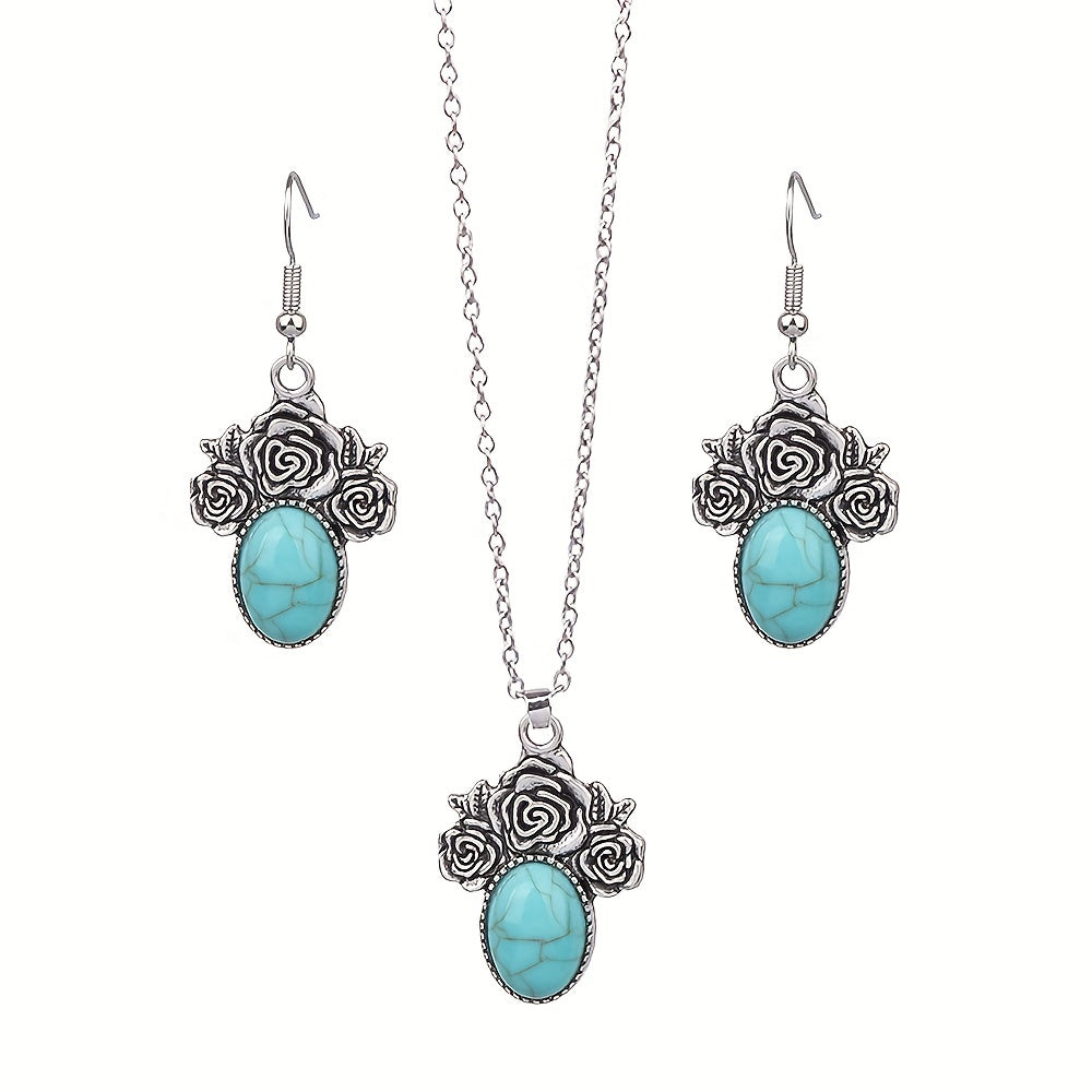 3pcs Turquoise Rose Jewelry Set Boho Style Earrings Necklace