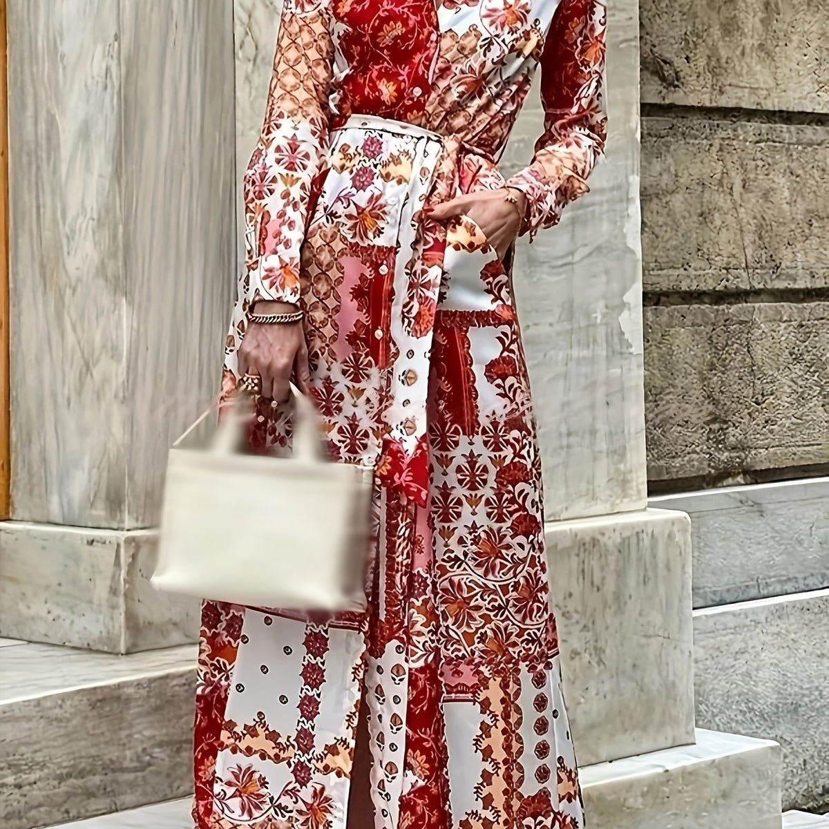  Patchwork Print Button Up Maxi Dress