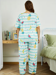  Striped & Fruit Print Pajama Set Short Sleeve T shirt & Pants