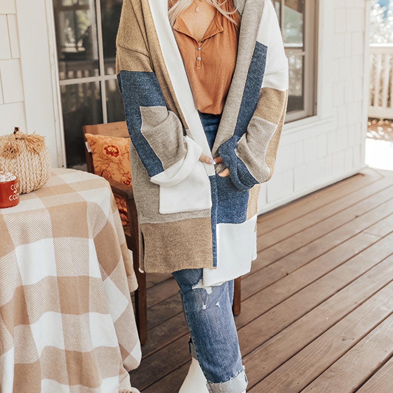 Colorblock Long Sleeve Cardigan With Pockets