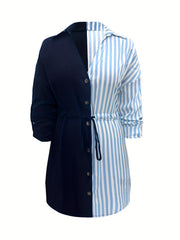  Colorblock Stripe Print Long Sleeve Shirt Dress