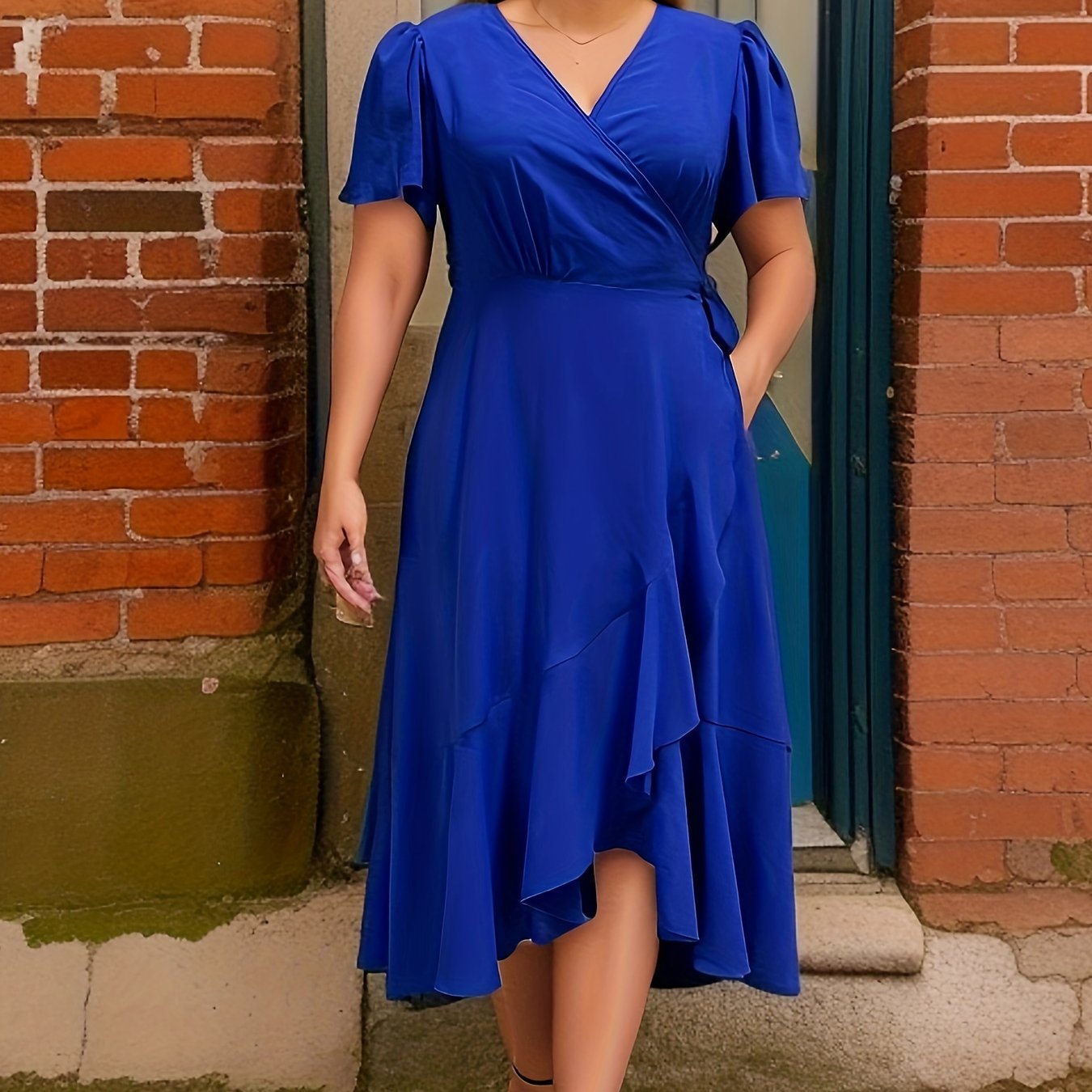  Solid Ruffle Sleeve Wrap Dress