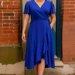  Solid Ruffle Sleeve Wrap Dress