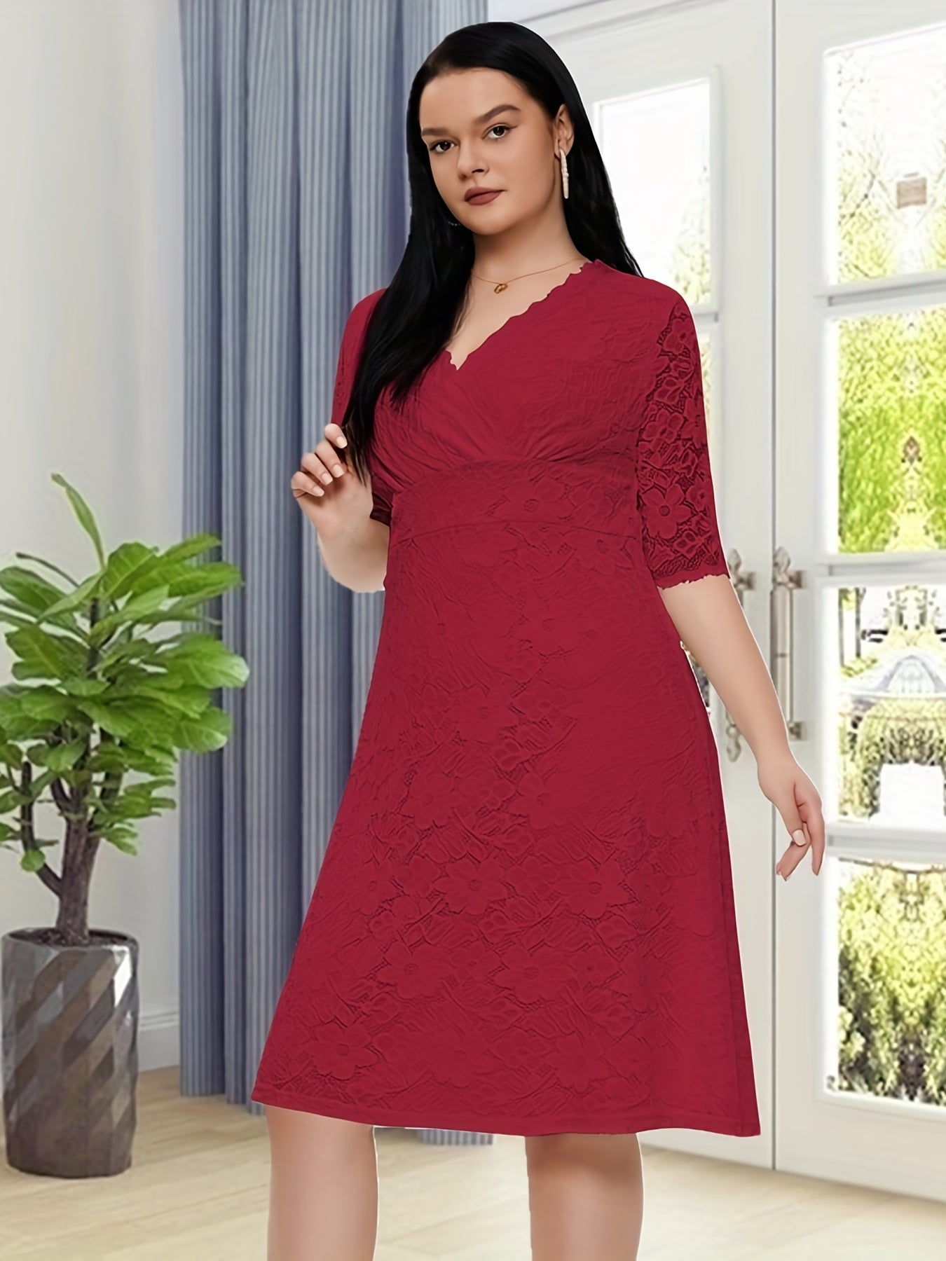  Floral Jacquard Trim Half Sleeve Slim Fit Formal Dress