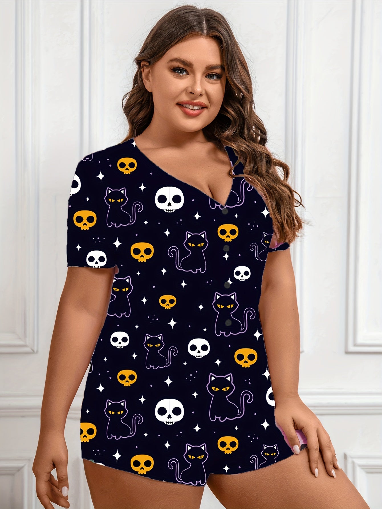 Halloween Sleepwear Romper Women Skull & Cat Print Lounge