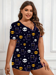  Halloween Sleepwear Romper Women Skull & Cat Print Lounge