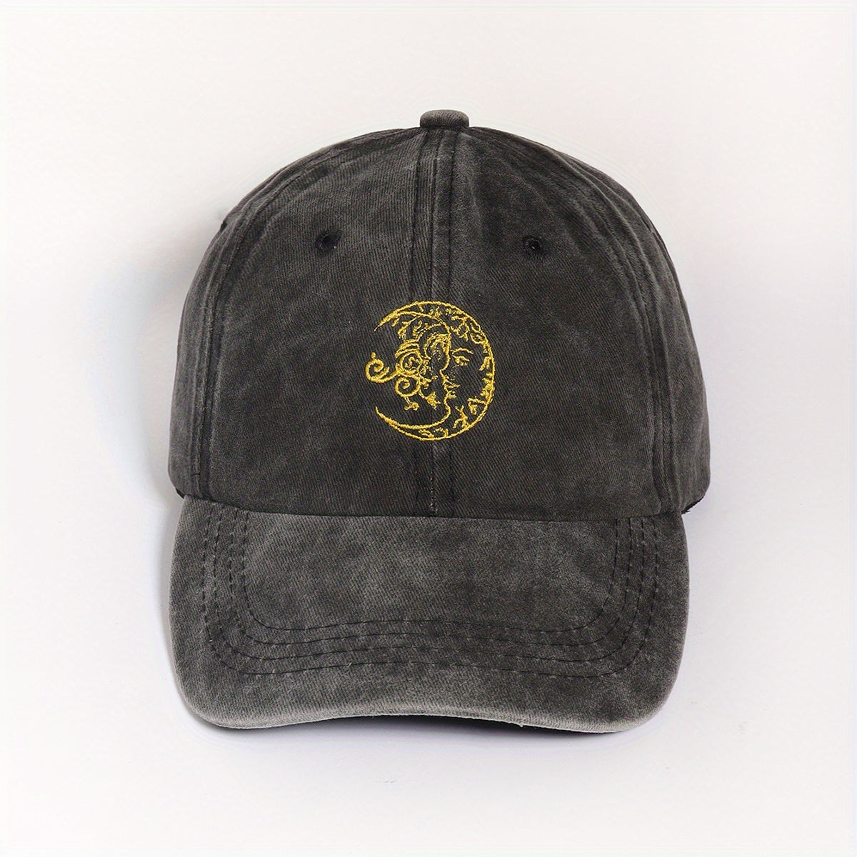 Vintage Moon Embroidery Baseball Cap Unisex Washed Gray Dad Hat