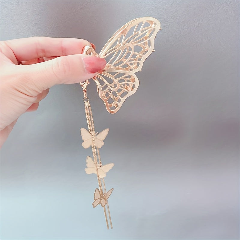 Metal Hollow Butterfly Hair Claw With Tassels Lady Thick Hair Barrette