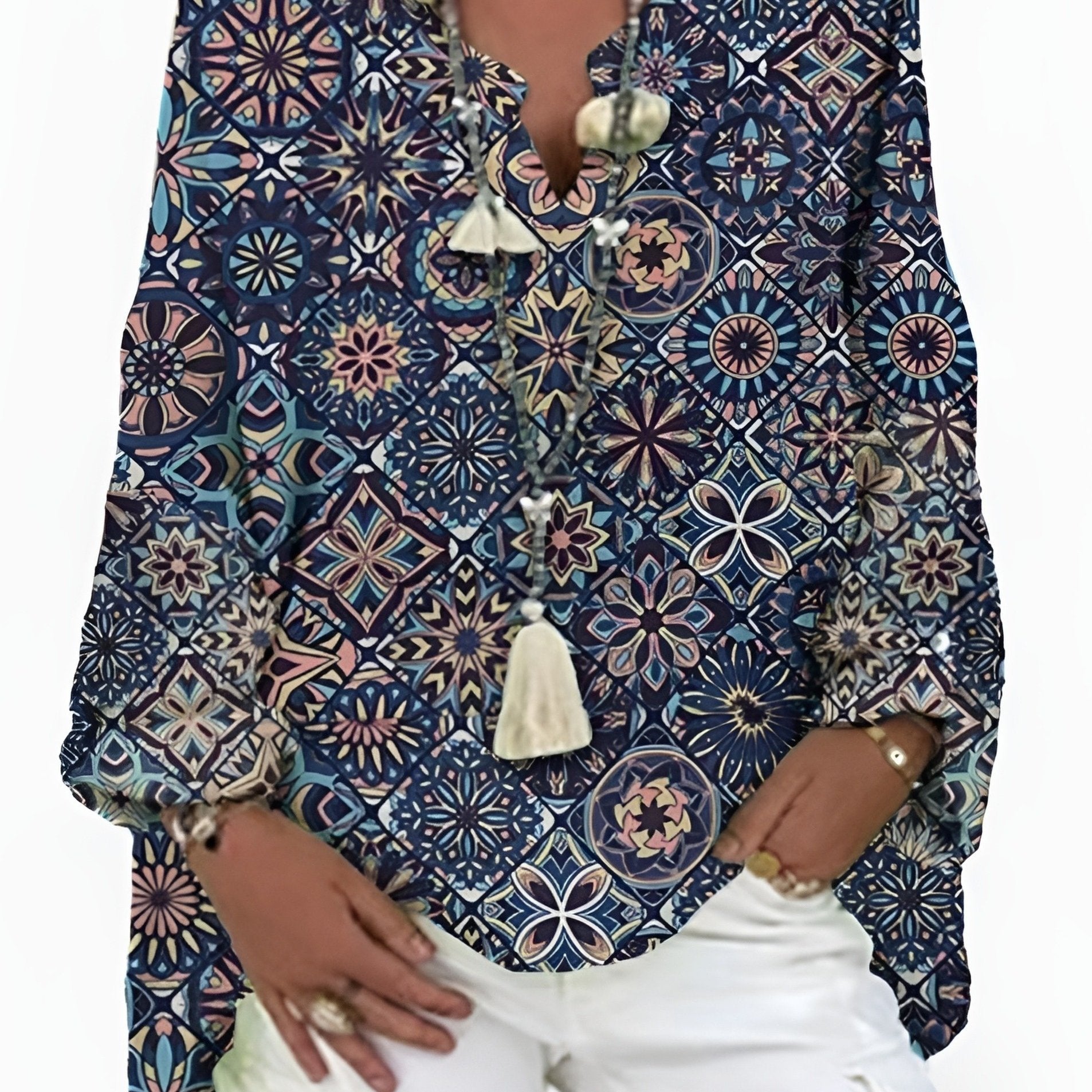  Boho Blouse Women's Plus Graphic Print Long Sleeve Notched Neck Top