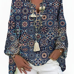  Boho Blouse Women's Plus Graphic Print Long Sleeve Notched Neck Top