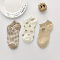 3 Pairs Floral & Bear Print Socks & Ankle Socks Women's Stoc