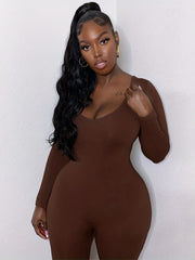 Solid U Neck Jumpsuit Long Sleeve Bodycon Workout Jumpsuit