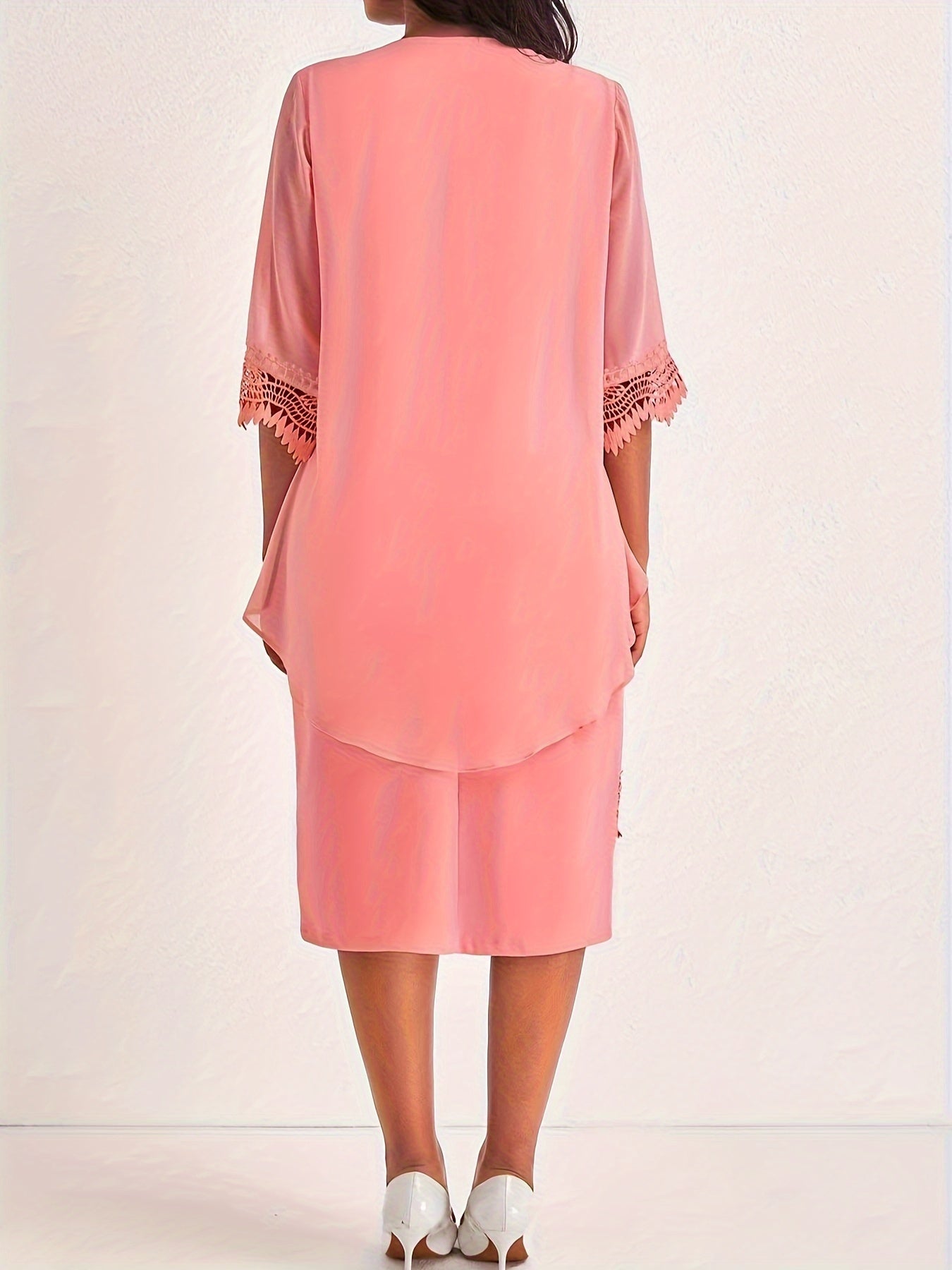  Solid Contrast Lace Trim Dress