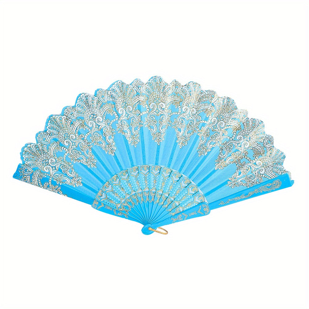 Chinese Folding Fan Lace Cloth Printing Flower Plastic Skeleton Hand Fan
