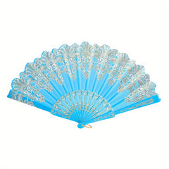 Chinese Folding Fan Lace Cloth Printing Flower Plastic Skeleton Hand Fan