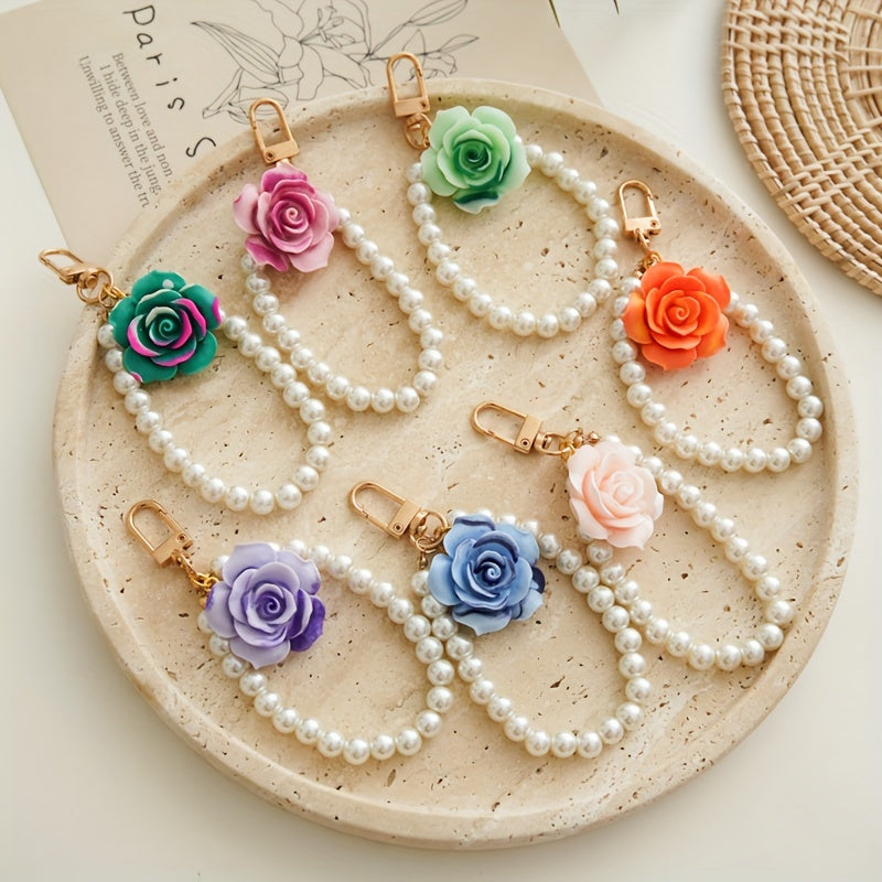 Faux Pearl Wristlet Keychain Gradient Matte Flower Key Chain