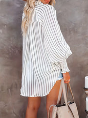  Stripe Print Button Up Lantern Sleeve Blouse