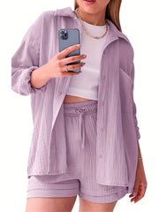 Casual Two piece Set Button Front Shirt & Drawstring Waist S