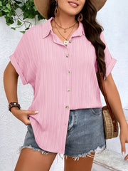  Textured Batwing Sleeve Button Up Blouse