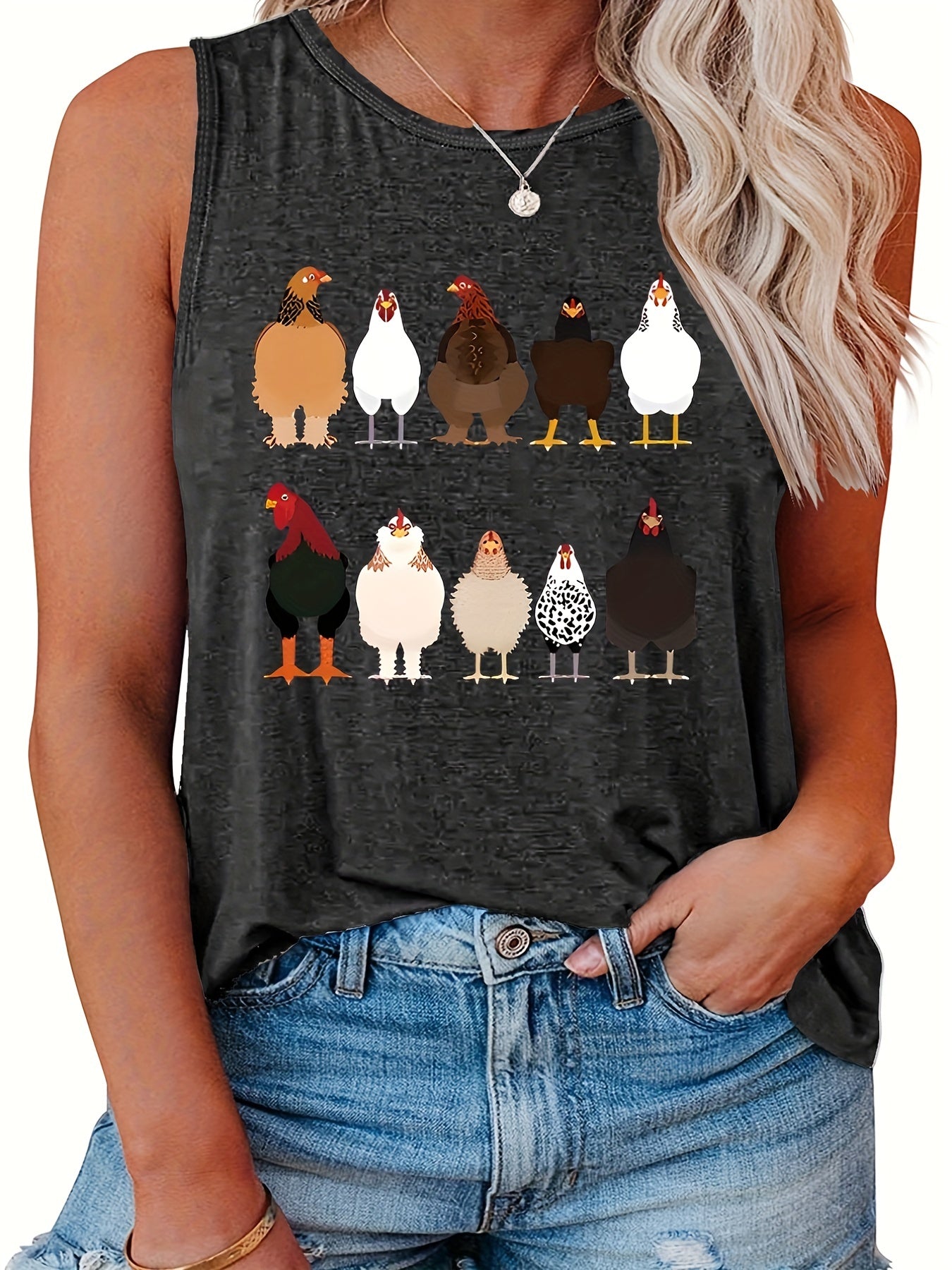  Chicken Print Tank Top Round Neck Casual Slight Stretch