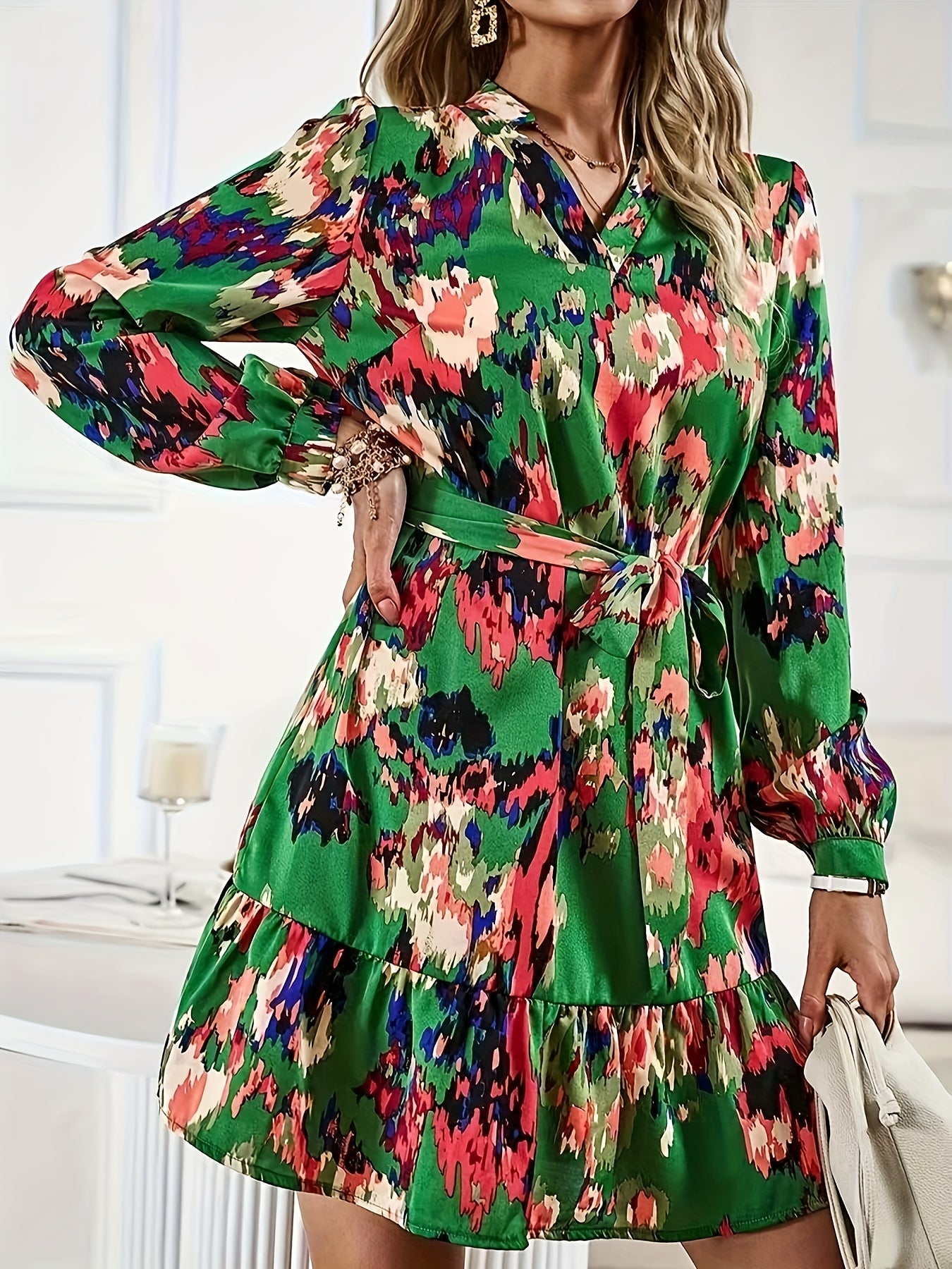 Boho Tie Dye Lantern Sleeve Ruffle Mini Dress