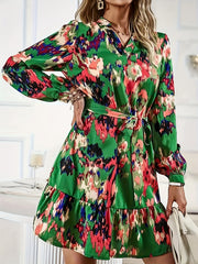  Boho Tie Dye Lantern Sleeve Ruffle Mini Dress