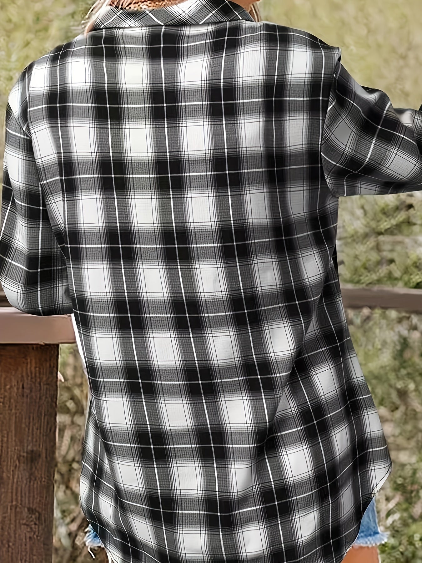 Plaid Print Roll Up Long Sleeve V Neck Blouse