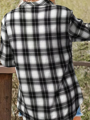  Plaid Print Roll Up Long Sleeve V Neck Blouse
