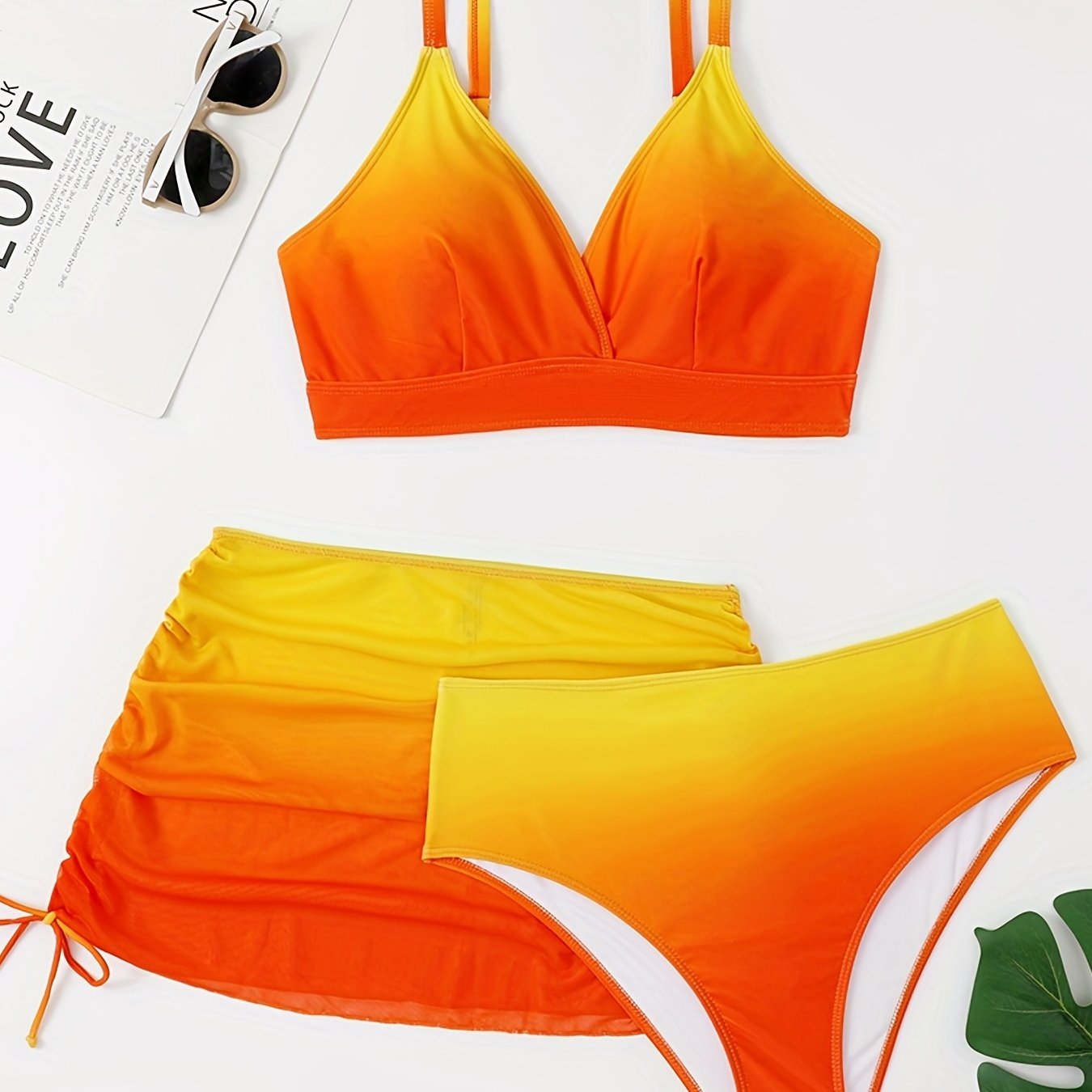  Casual Swimsuit Set Ombre Print Bra, Underwear & Cover Up Skirt