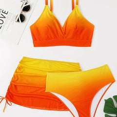  Casual Swimsuit Set Ombre Print Bra, Underwear & Cover Up Skirt