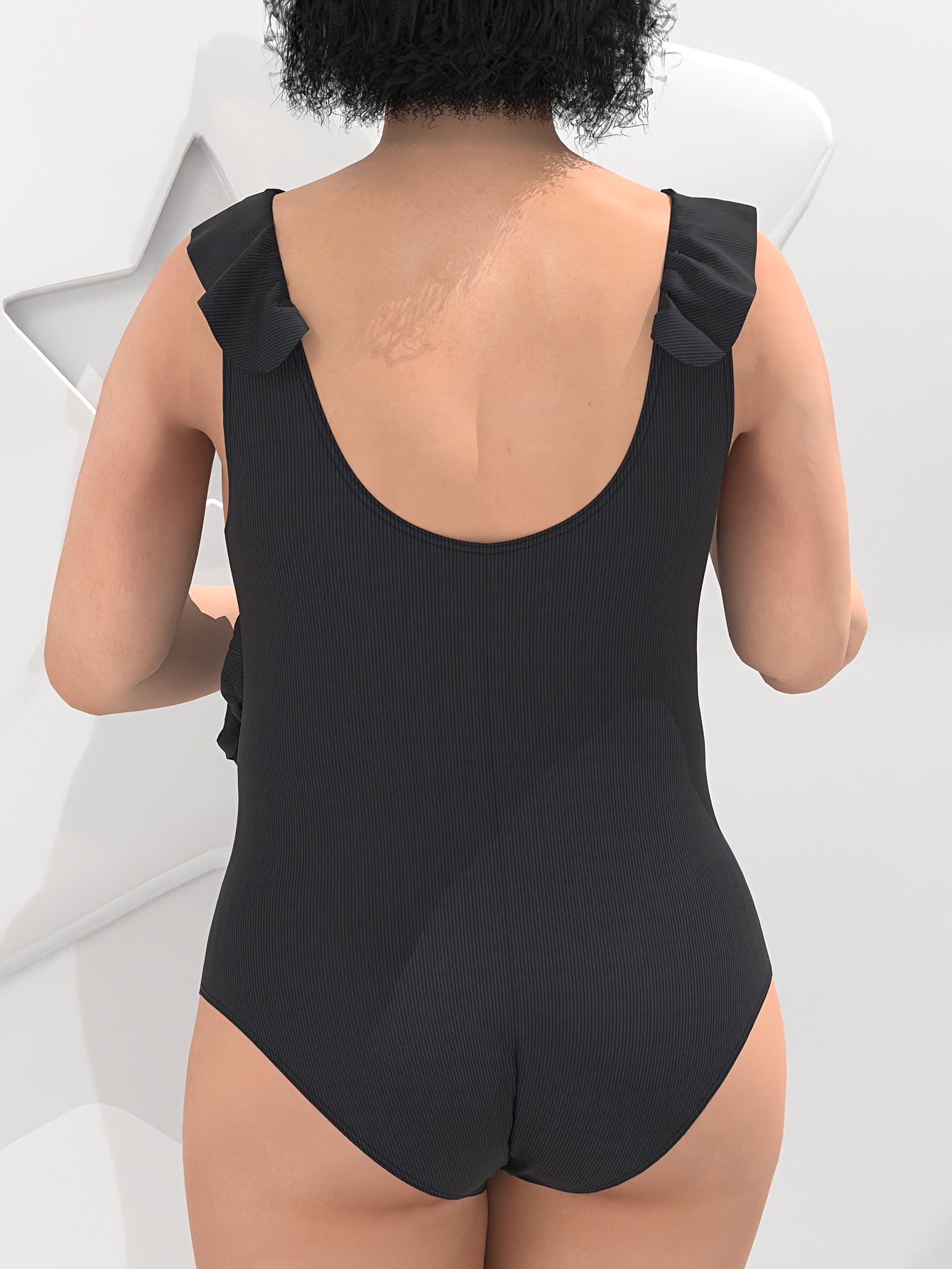 Solid V Neck Ruffle Trim One Piece Bathing Suit