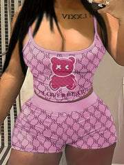 Teddy Bear Print Two Piece Set Cami Top & Slim Shorts