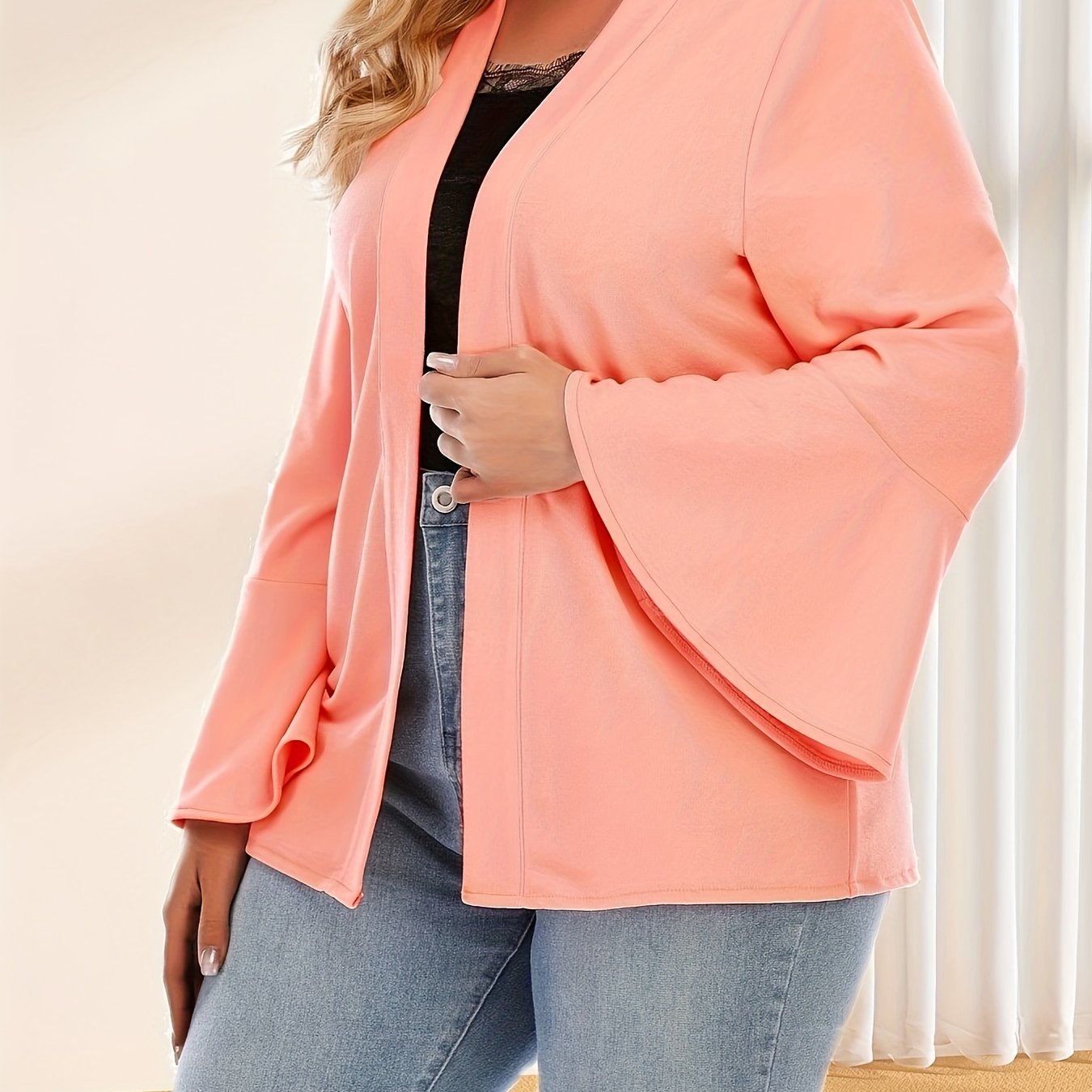  Solid Bell Sleeve Open Front Cardigan