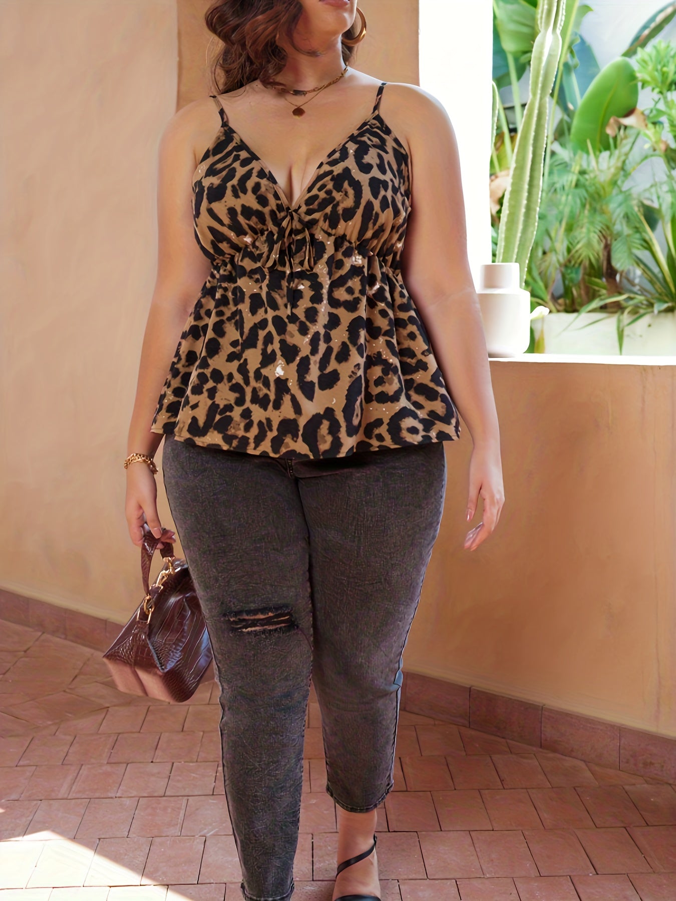  Leopard Print Bow Knot V Neck Peplum Top