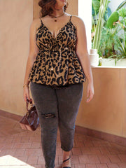  Leopard Print Bow Knot V Neck Peplum Top