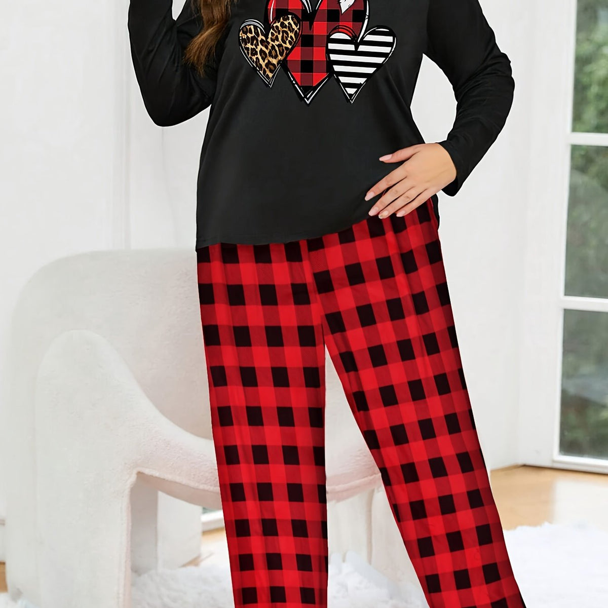  Heart Print Pajama Set Women's Plaid Loungewear Two Piece Set