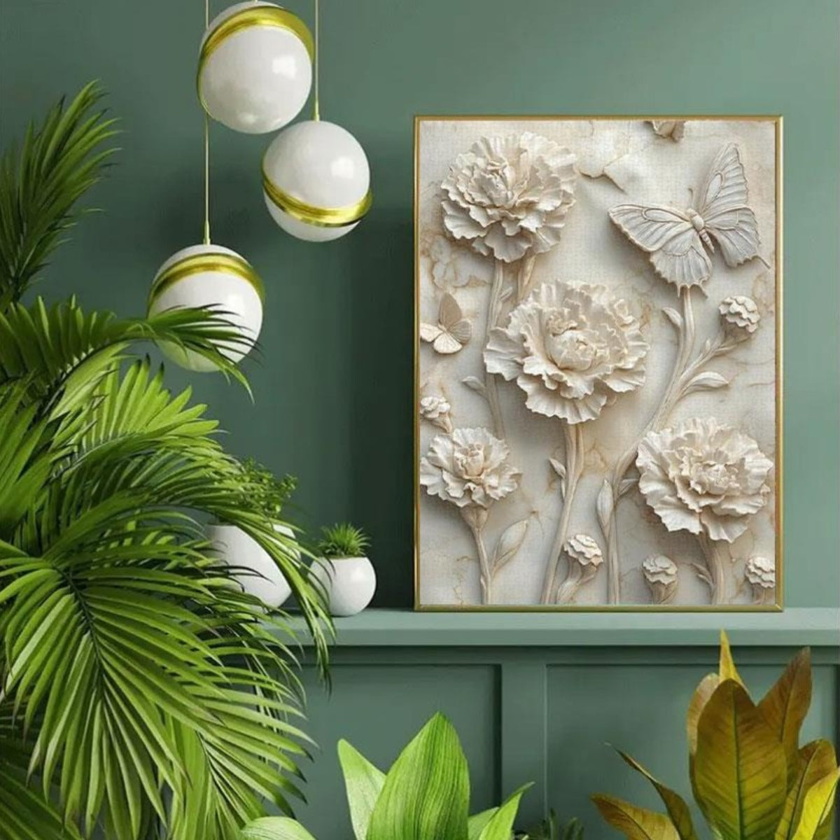 3D Relief Jigsaw Puzzle Carnations & Butterflies on Marble Grained Background