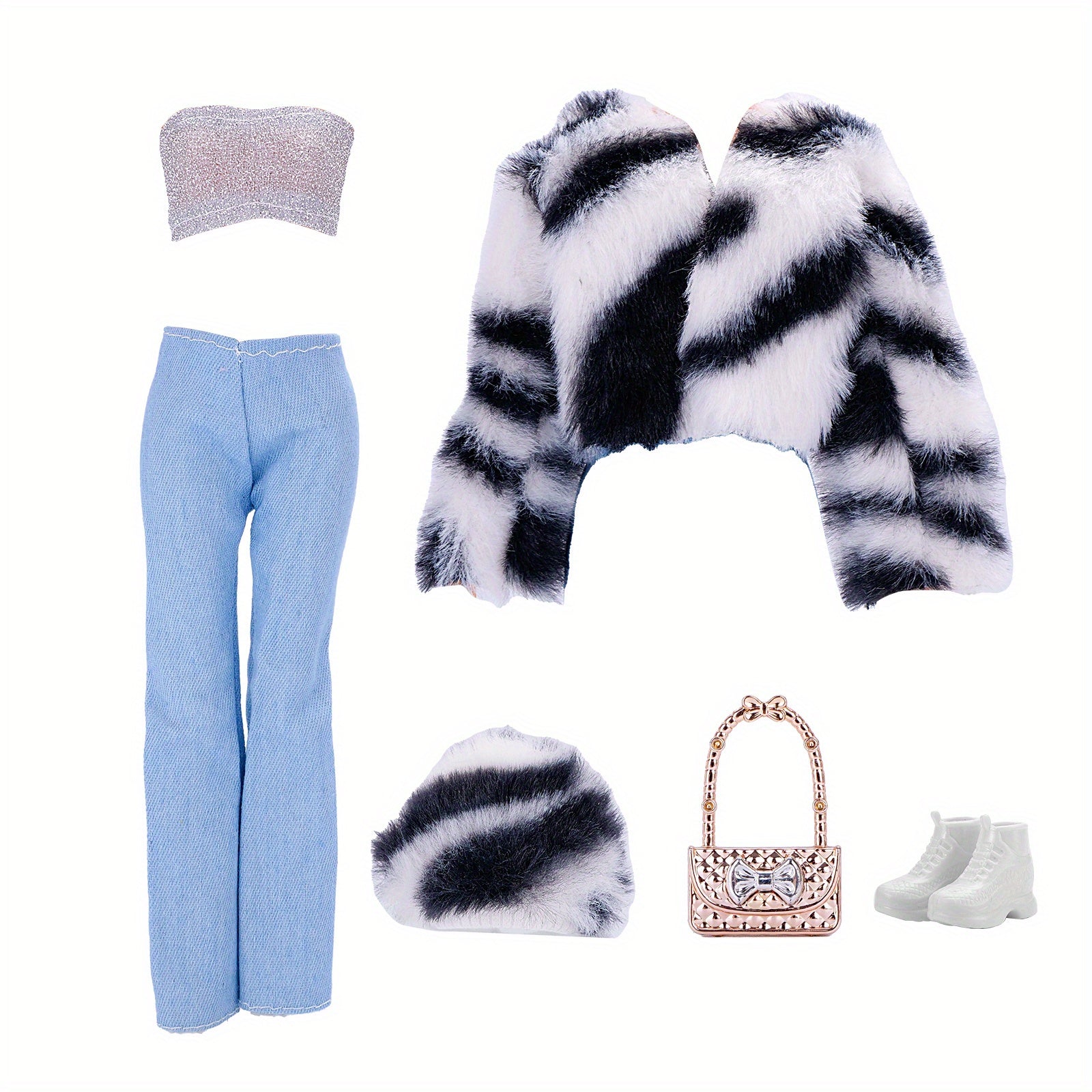Doll Clothes Set: Faux Fur Coat, Denim Jeans, Accessories