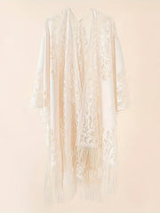  Lace Batwing Sleeve Beach Cover Up with Tassel Trim