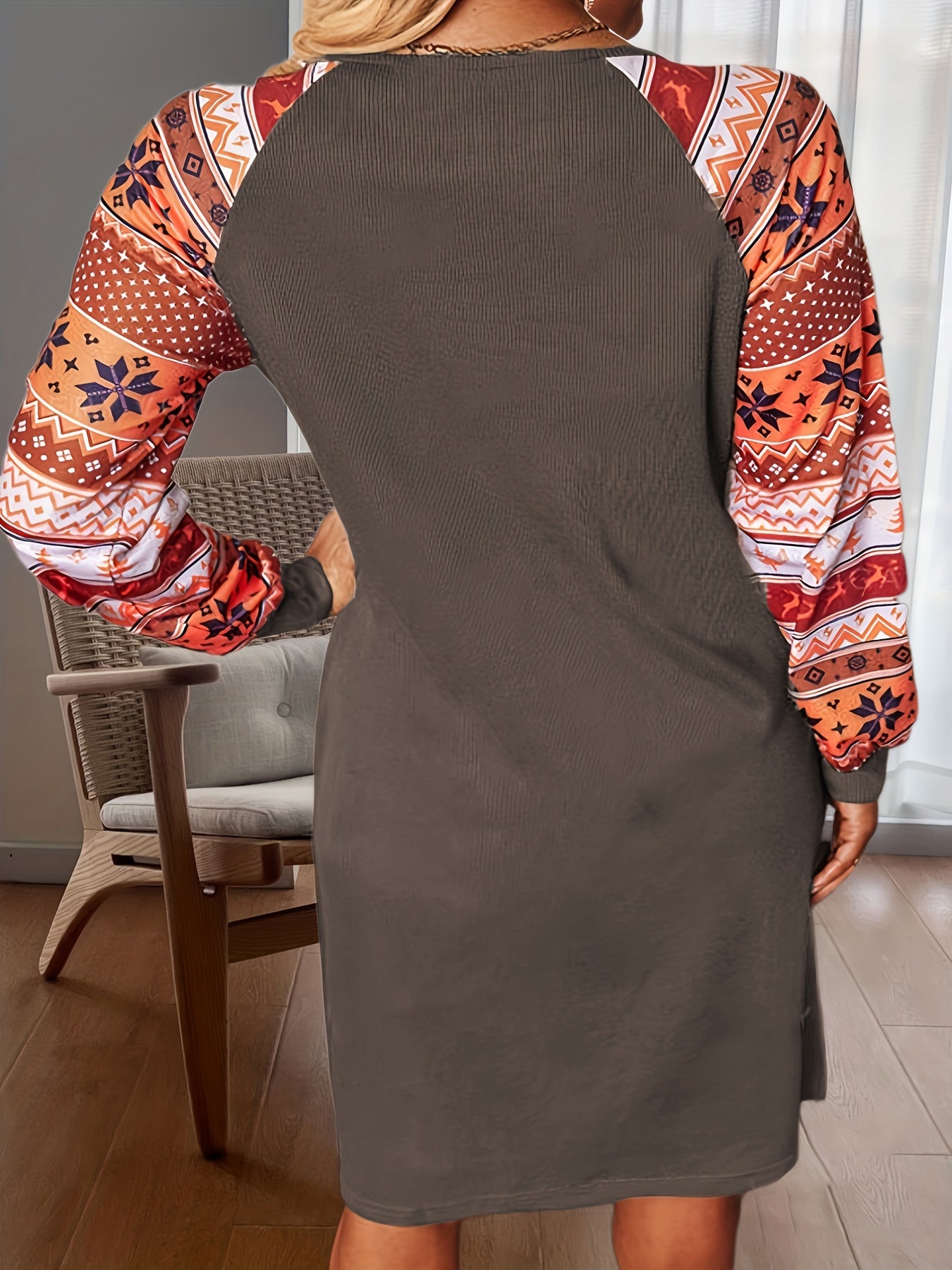  Colorblock Geometric Print Ribbed Dress